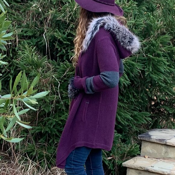 Fox Head Faux Fur Lined Hooded Cardigan Sz S - Picture 5 of 15